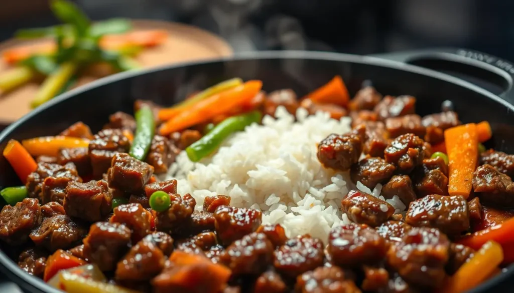 Asian ground beef dish approximation showing vibrant colors and flavors