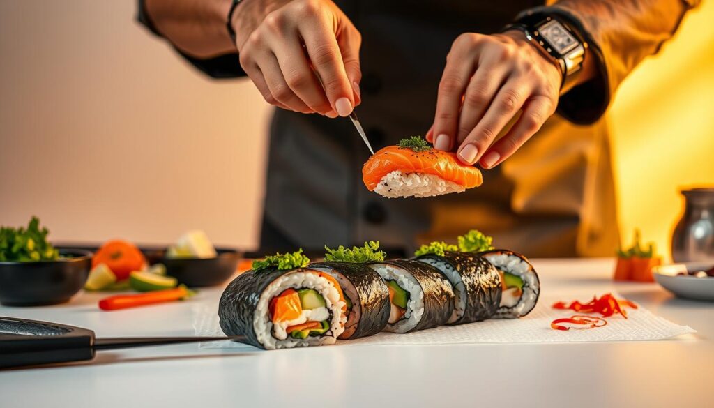 Baked Salmon Sushi Roll Preparation