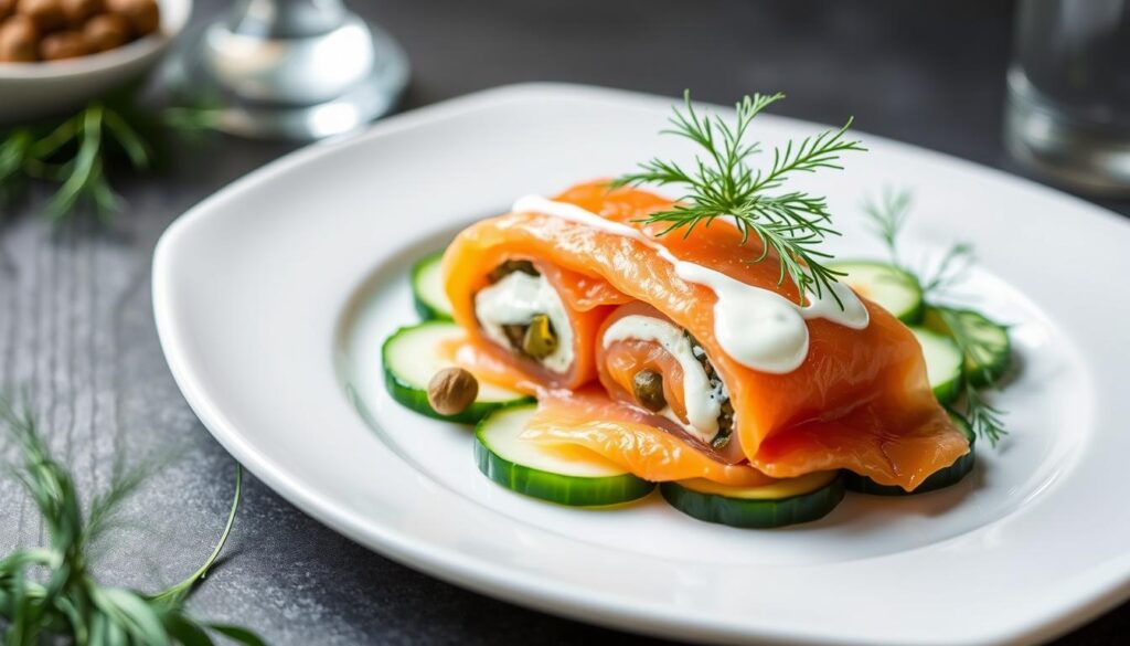 Chatelaine smoked salmon roll on cucumber garnishing