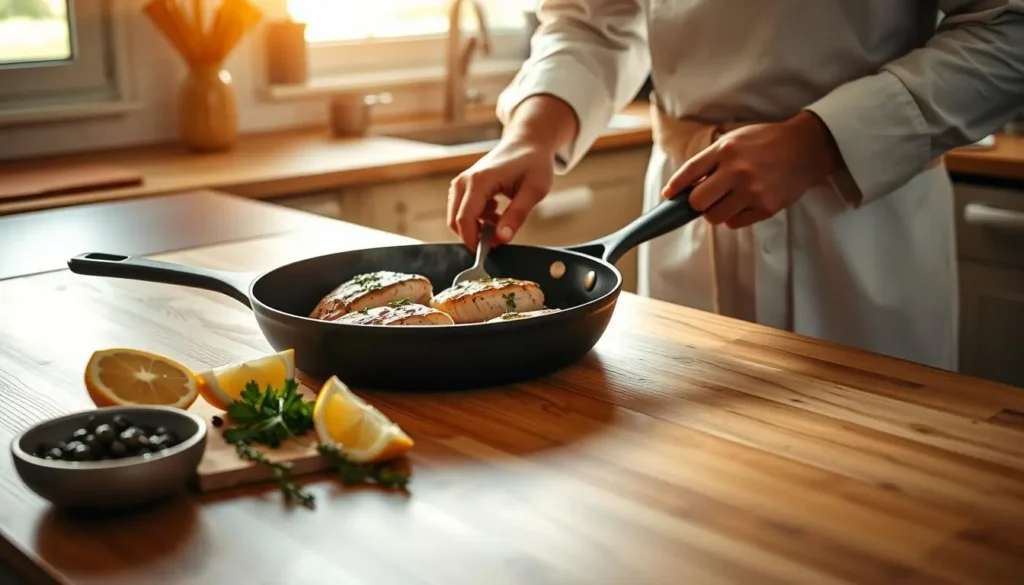 Cooking chicken piccata