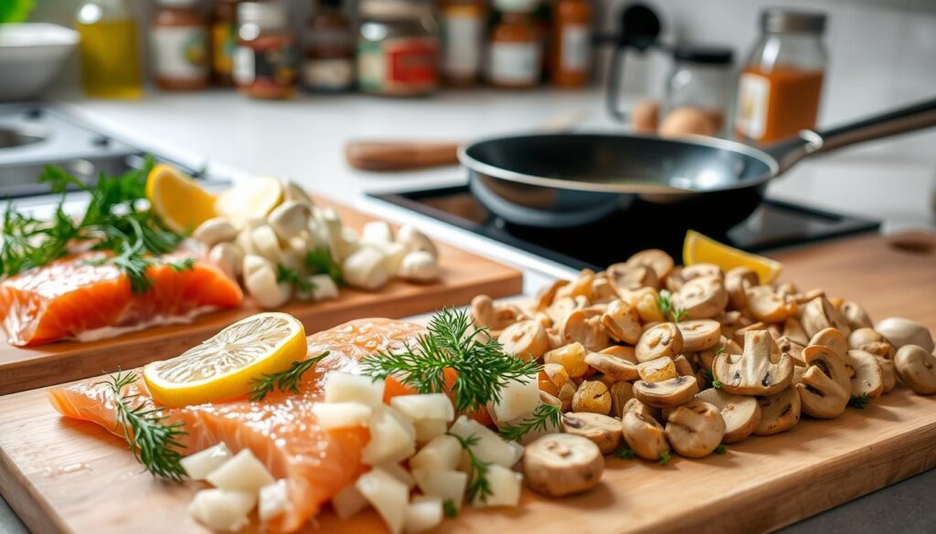 Salmon and Mushroom Cooking Preparation