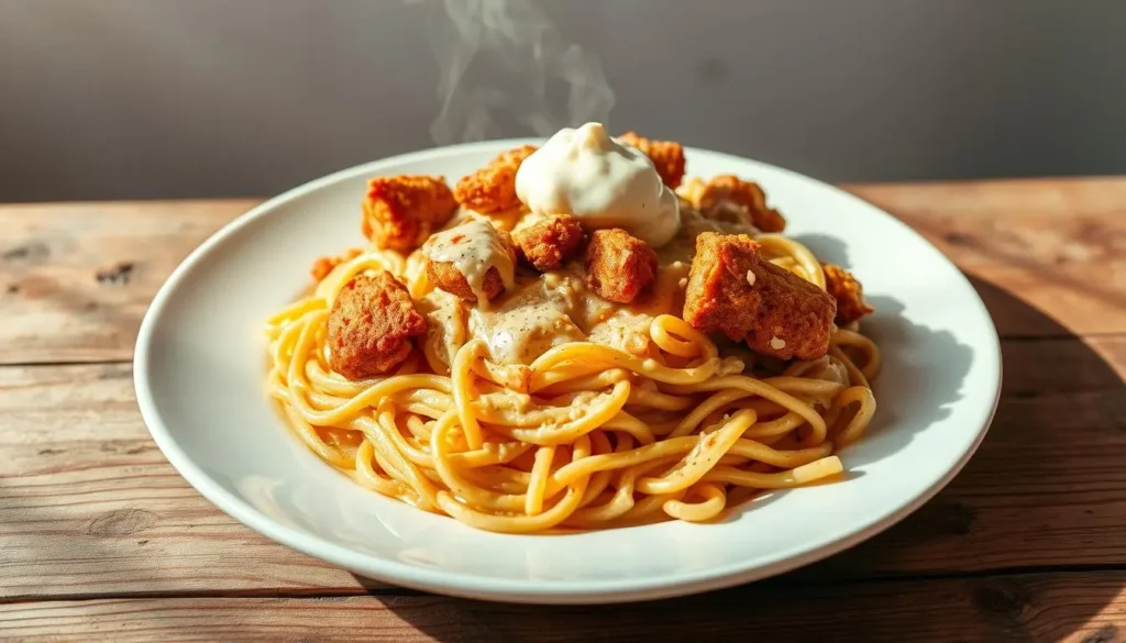 Serving crack chicken pasta with garnishing cream sauce