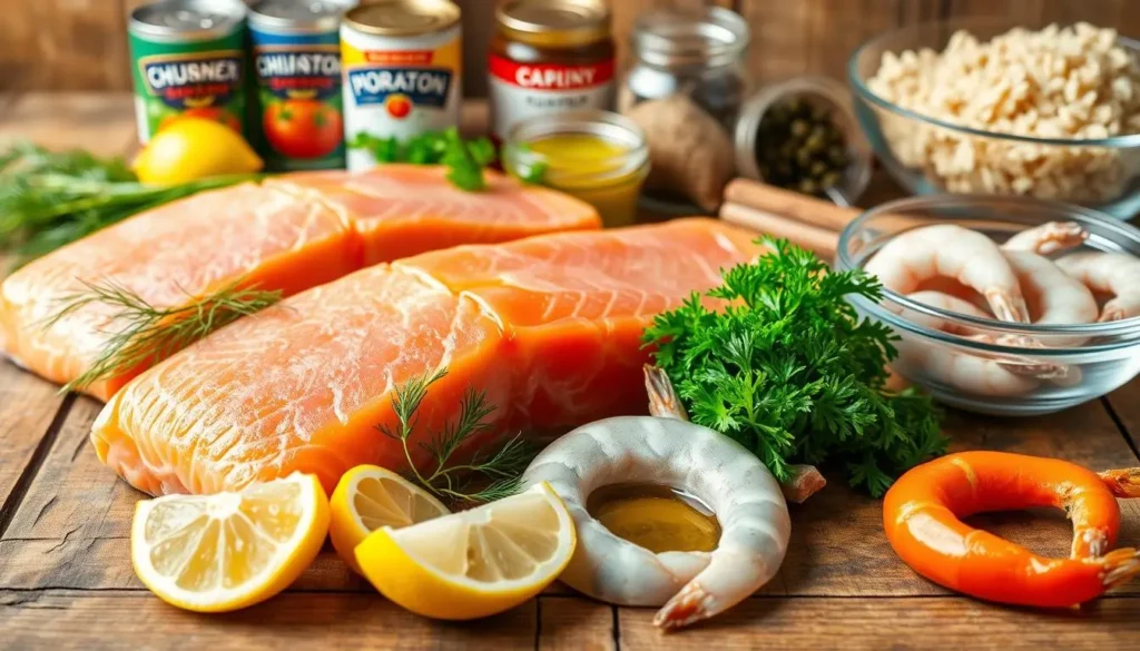 Fresh Seafood Ingredients for Salmon and Shrimp Dishes