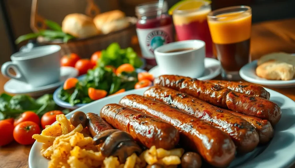 Ideas for side dishes with beef sausage and breakfast beverages to complement sausage